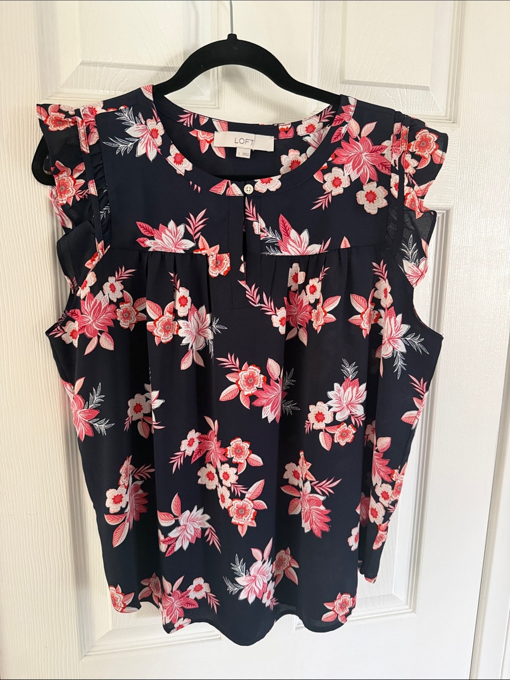 LOFT Navy Floral Ruffle Sleeve Blouse